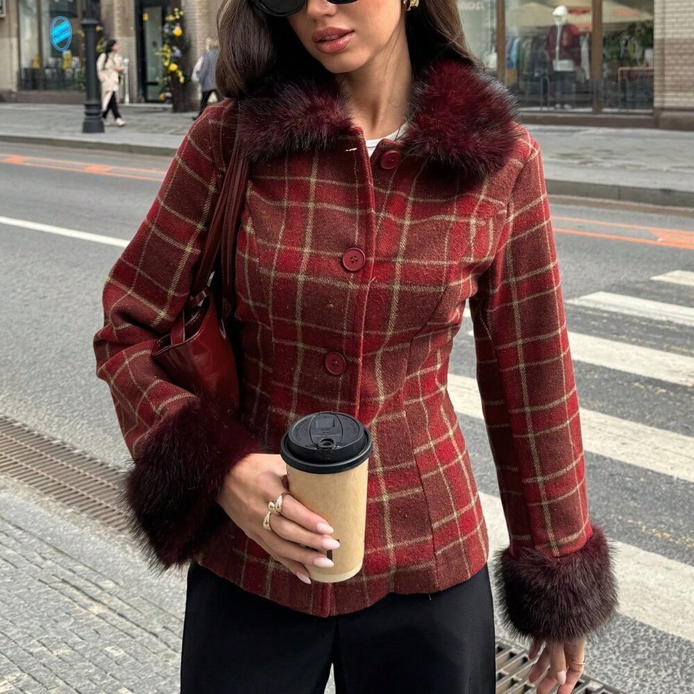 Multicolor Casual Women's Christmas Plaid Faux Fur Jacket